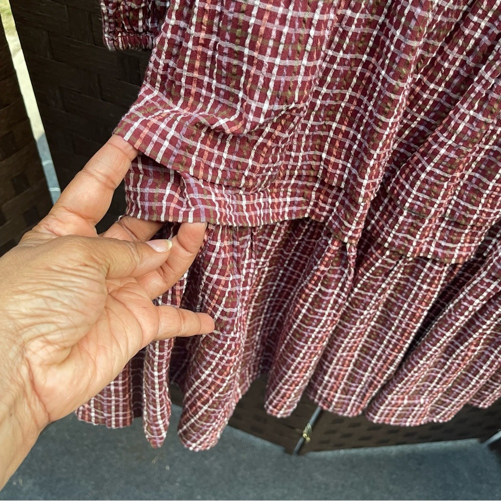Madewell Merlot Seersucker Checkered Long Sleeve, V neck Dress - Size XS - Picture 11 of 16